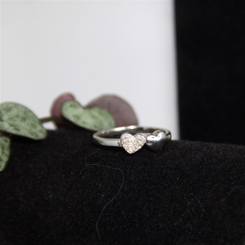 Sterling Silver 925 Double Heart Ring Textured Smooth Hearts Size 7.25 Silver